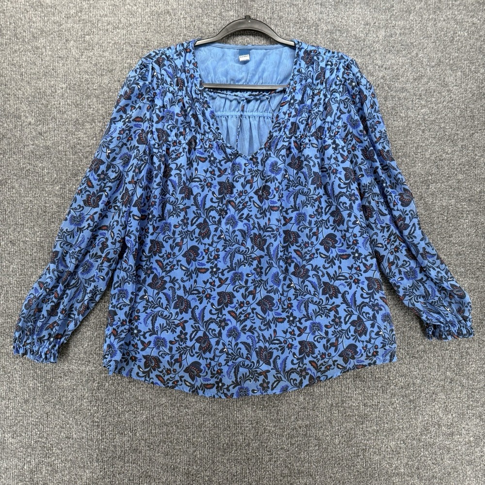 Old Navy Top Womens M Blue Floral V-Neck Peasant Boho Cottage Prairie Western